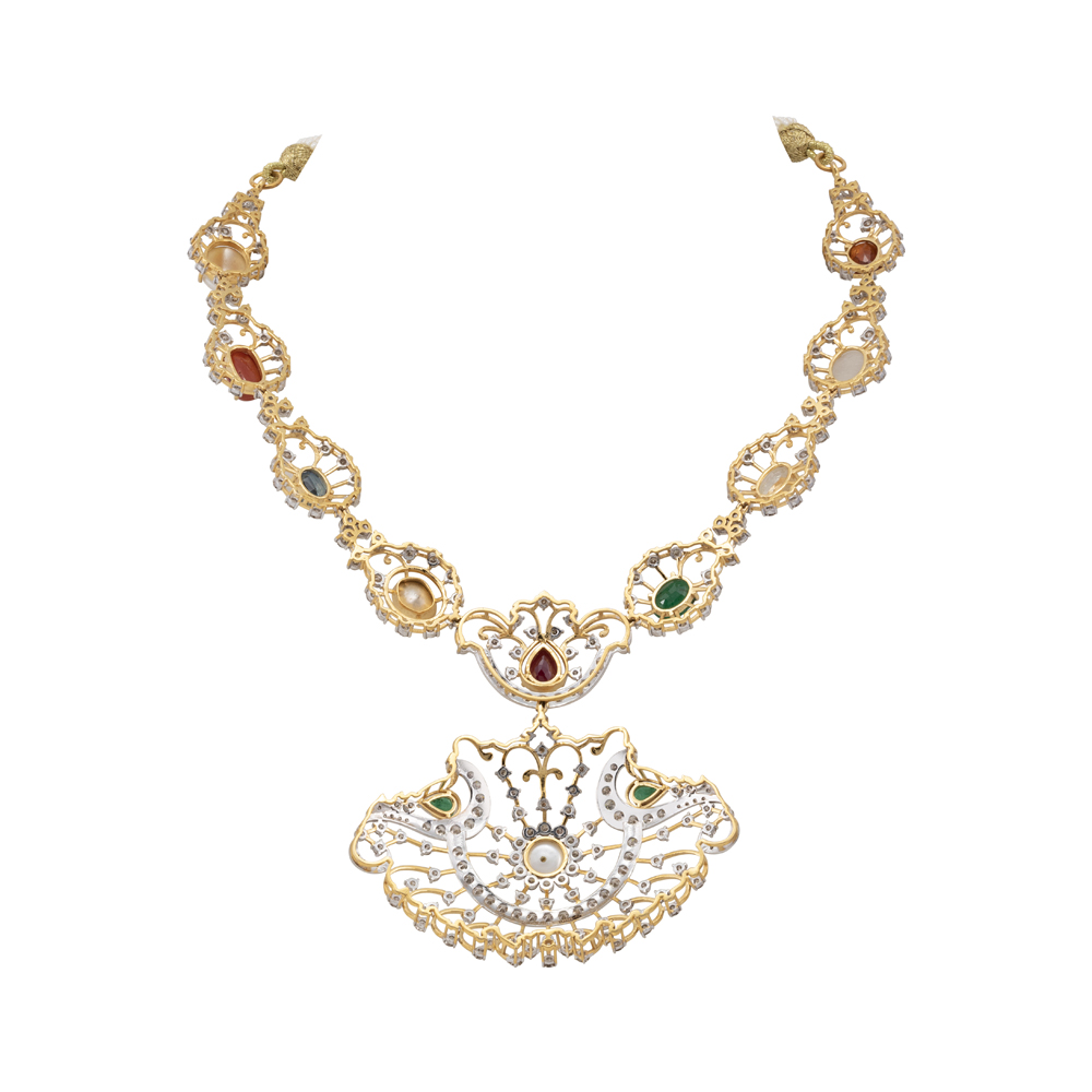 Navratan Necklace with Diamond Frames and Central Pearl Pendant